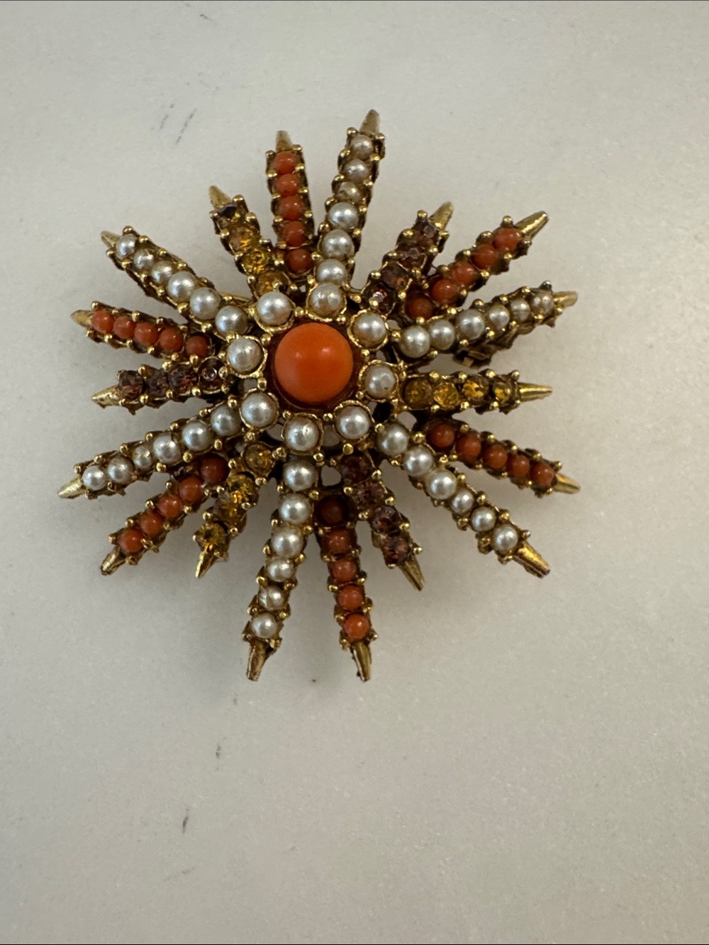 Arthur Pepper signed Gold-Tone Coral & Pearl Starburst Brooch